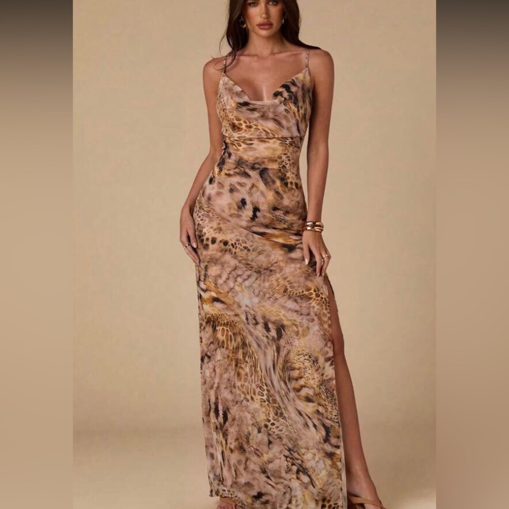 Brown Leopard Print Slip Dress with Cowl Neck